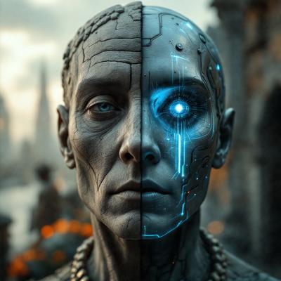 The primary subject of the image is a woman with a mix of human and robotic features. She has a human head with a blue eye, but her face is also adorned with a robotic-like visor. The setting is a futuristic environment, with the woman standing in front of a backdrop that includes a cityscape and a castle. The visual style of the image is a combination of photo and digital art, creating a unique and intriguing scene. The colors and mood of the image are predominantly dark and moody, with the blue eye and futuristic elements adding a sense of mystery and intrigue.